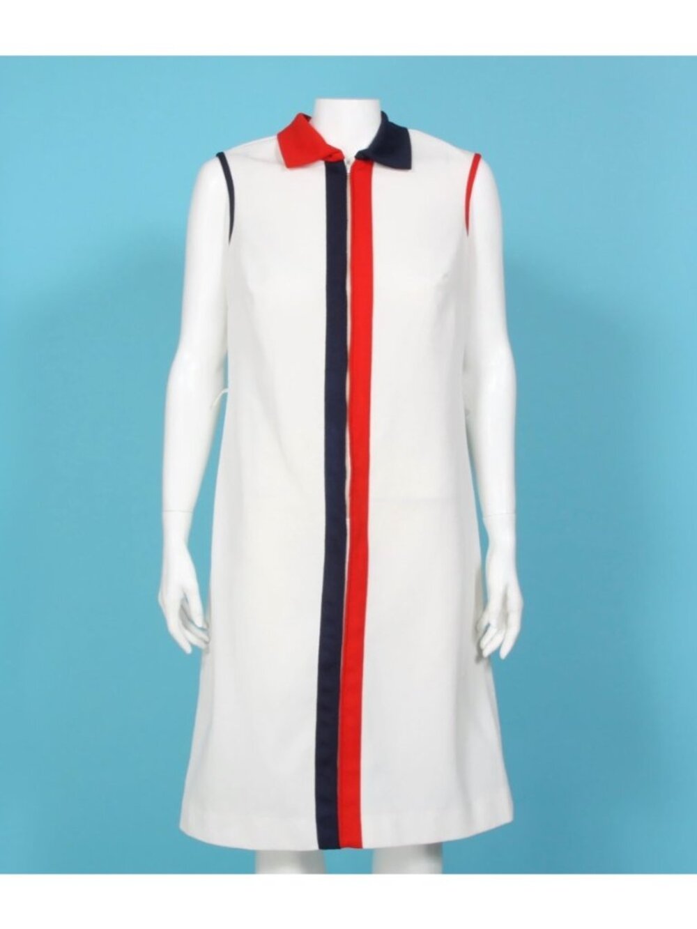 Vintage FLUTTERBYE Red White Blue Mod 70s Patriotic Shift Dress sz L /843